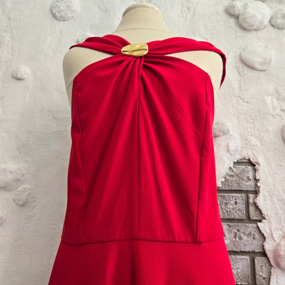 Elegant Red Halter Midi Dress with Gold Hardware Accent A-Line Formal Dress - Picture 3 of 16